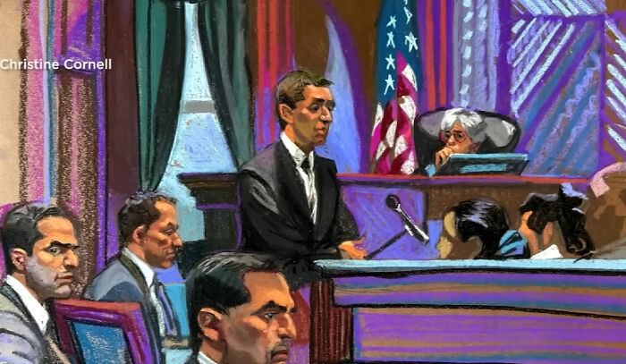Courtroom sketch showing luxury real estate brothers facing judgment in a human trafficking case after testimonies.