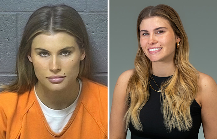 Side-by-side images showing one of the hottest mugshots of all time and how the woman looks now, smiling with long hair.