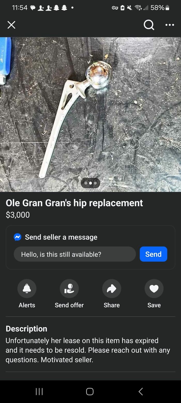 Hip replacement part listed on Facebook Marketplace with a humorous description requiring a double take to understand.