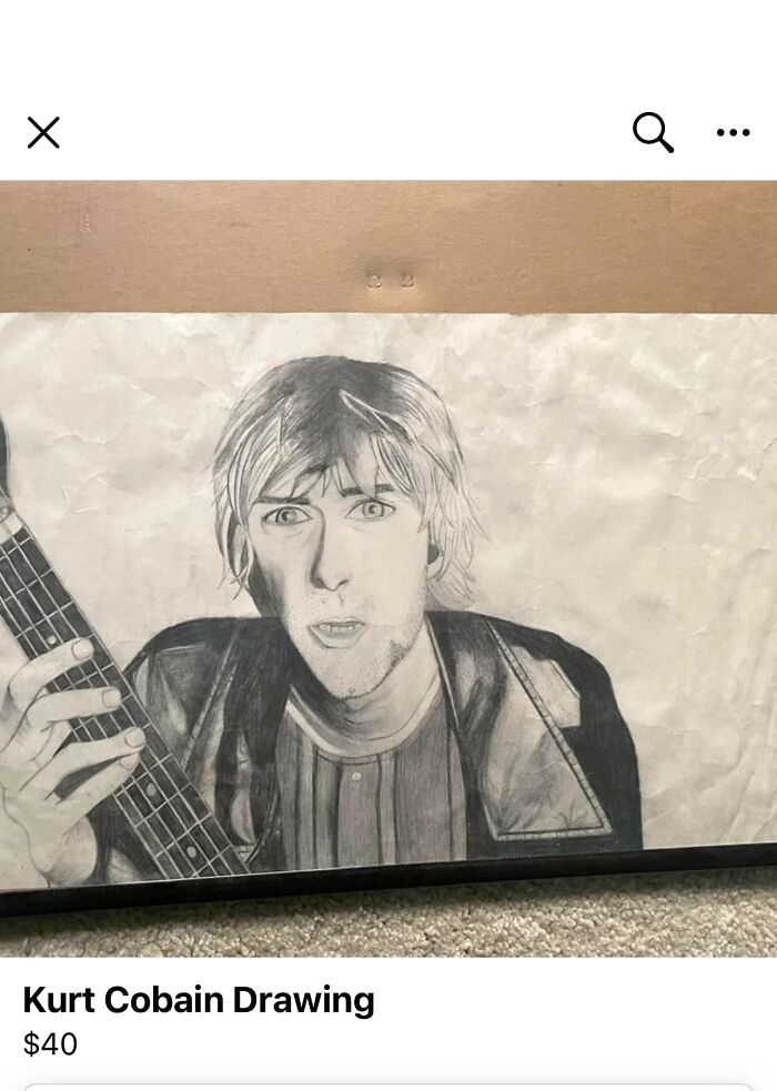 Pencil drawing of a man holding a guitar with intense expression, an unhinged Facebook Marketplace listing.
