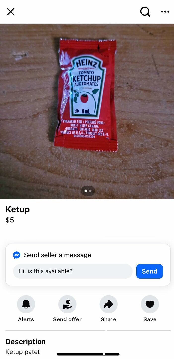 Single packet of Heinz tomato ketchup offered on Facebook Marketplace in an unusual and unhinged listing.