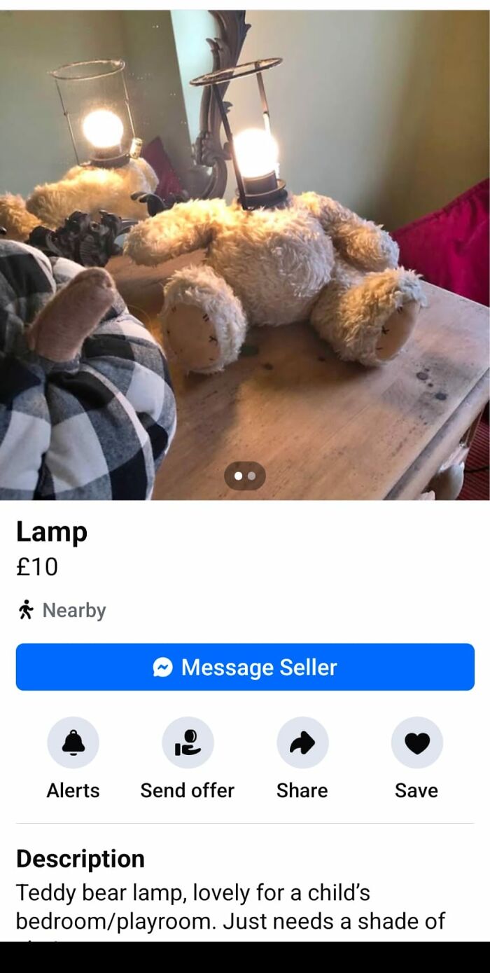 Teddy bear lamp with exposed bulbs replacing the head, an unhinged Facebook Marketplace item needing a double take to understand.
