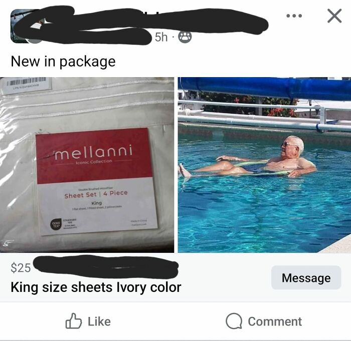 Facebook Marketplace listing showing king size sheets and a man relaxing in a pool, an unhinged pic requiring a double take to understand