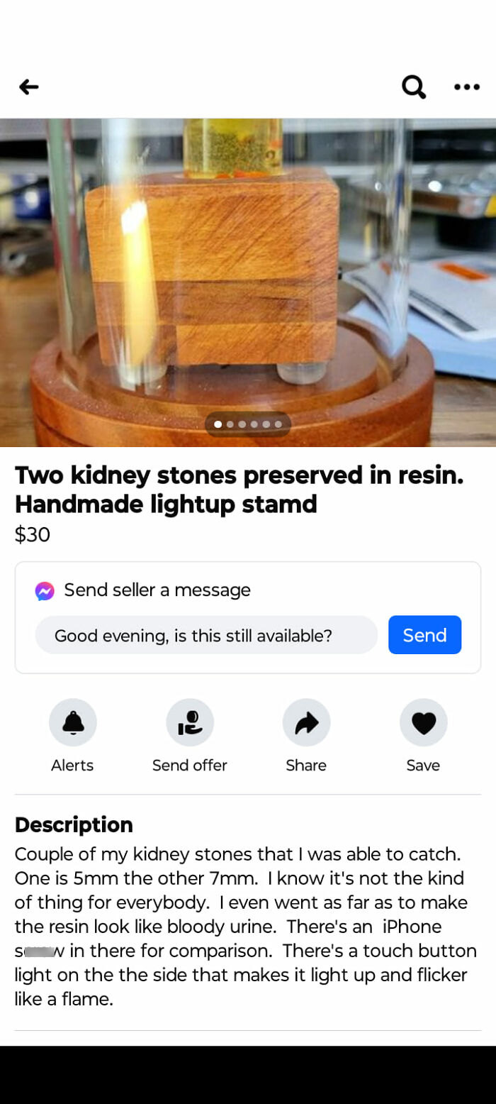 Kidney stones preserved in resin with handmade lightup stand listed on Facebook Marketplace unusual item.