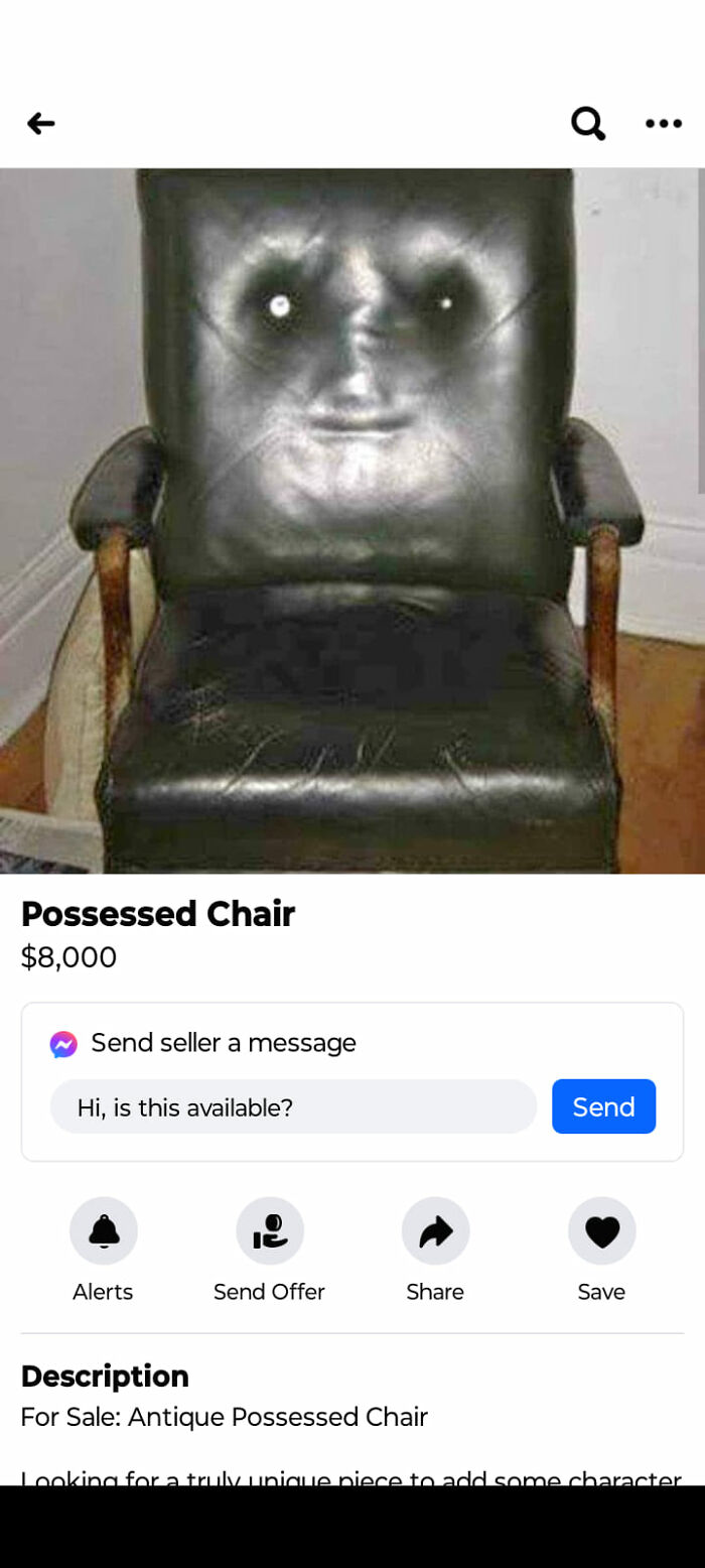 Leather chair with worn patterns creating a face-like appearance in an unhinged Facebook Marketplace listing.