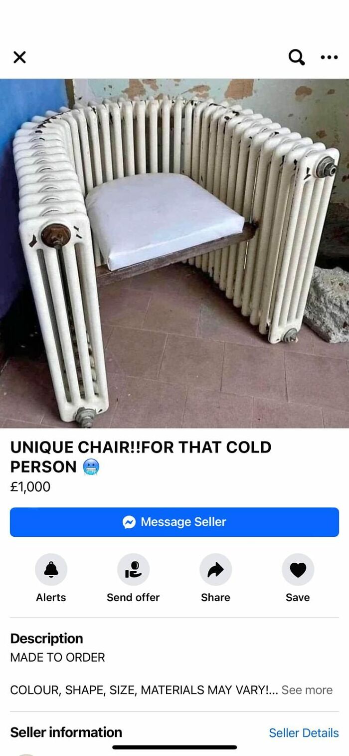 Unhinged Facebook Marketplace listing showing a chair made from a repurposed radiator with a cushion seat.