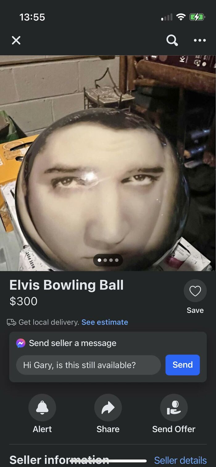 Bowling ball with a distorted face print listed on Facebook Marketplace as an unhinged pic requiring a double take to understand.