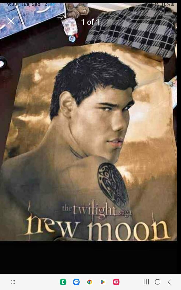 Unhinged Facebook Marketplace find of a poorly designed Twilight New Moon blanket with a distorted face print.