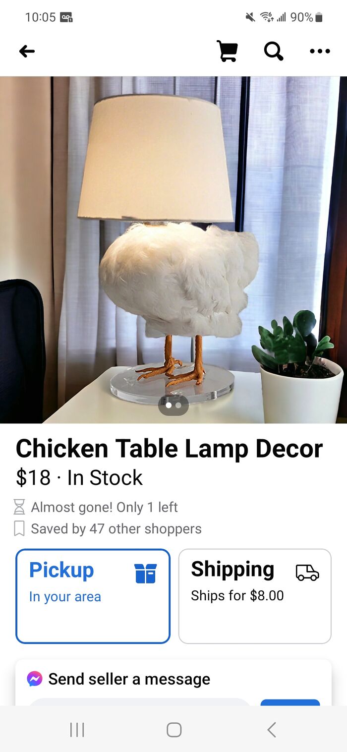Chicken table lamp on a white surface with curtains and plant in background from Facebook Marketplace listing.