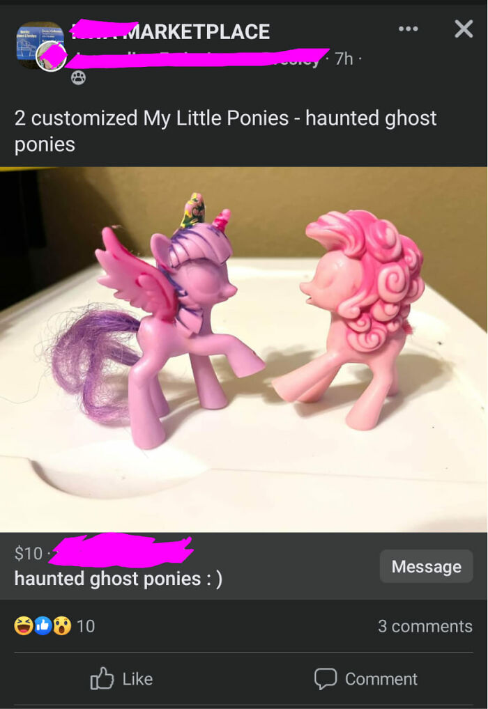 Two customized My Little Ponies figurines described as haunted ghost ponies in a Facebook Marketplace listing.