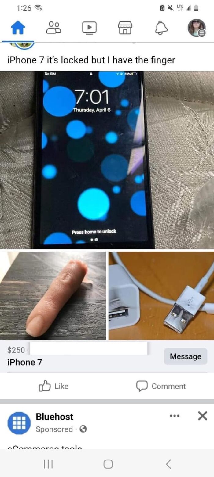 Facebook Marketplace listing showing an iPhone 7 locked with a realistic fake finger included for unlocking.