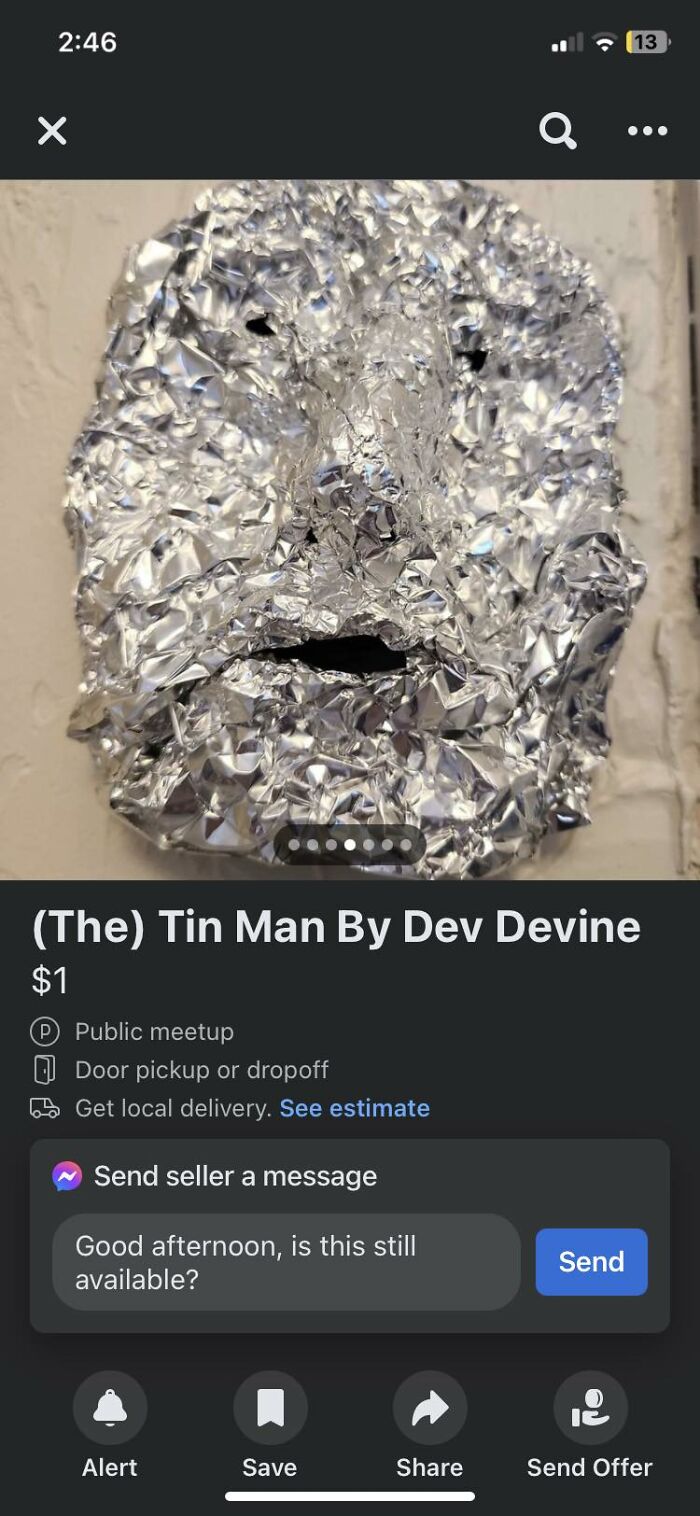 Crumpled foil mask resembling a face listed for sale on Facebook Marketplace, an unhinged pics example requiring double takes.
