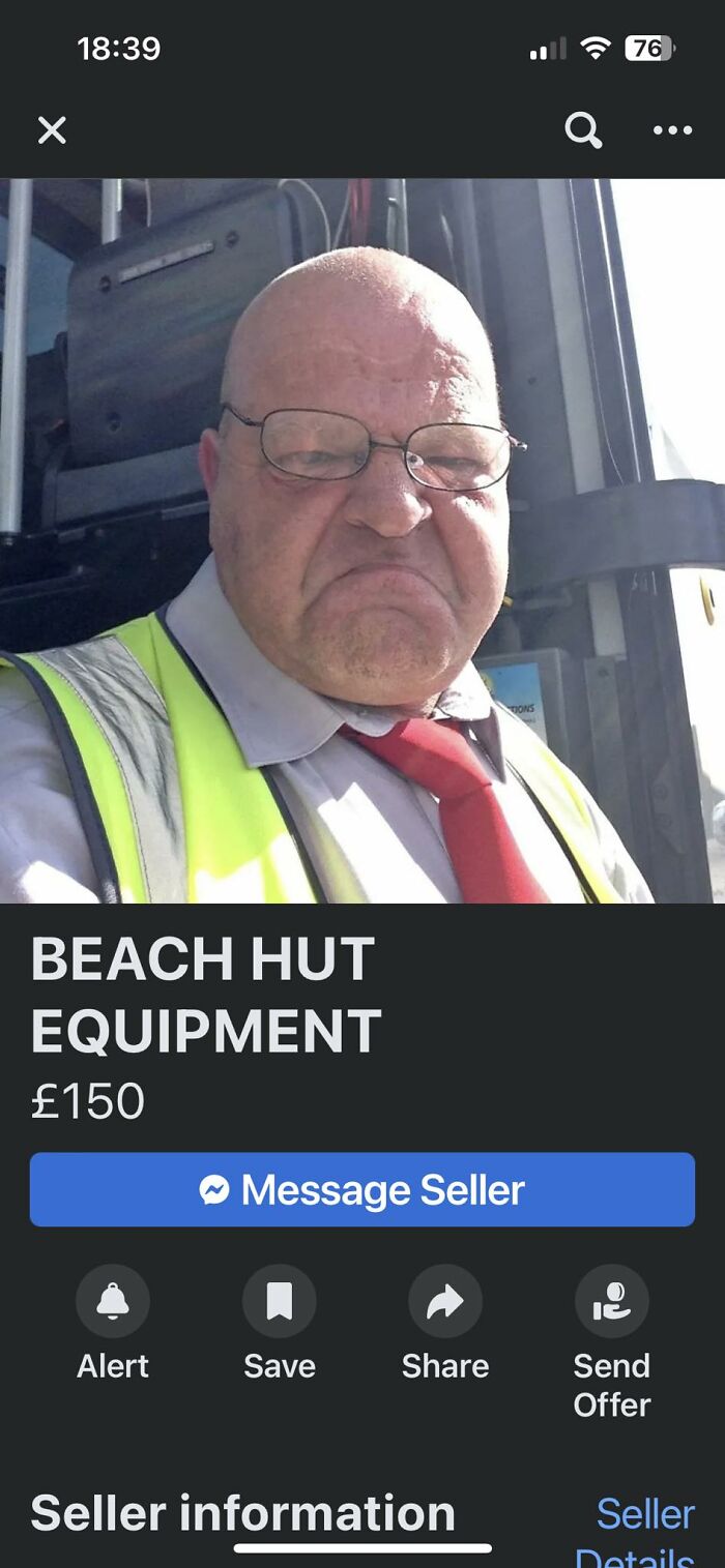 Man in safety vest and red tie with a confused expression in an unusual Facebook Marketplace listing photo.