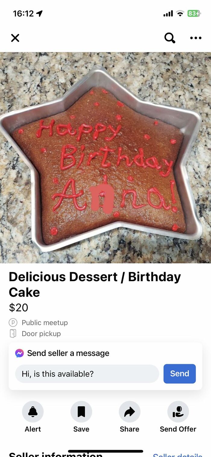 Star-shaped birthday cake with misspelled red icing text, listed on Facebook Marketplace in unhinged pics collection.