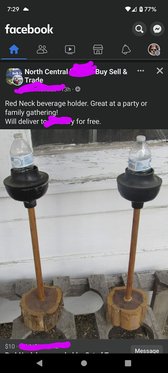 Unhinged Facebook Marketplace listing showing wooden beverage holders made from plunger heads and logs for parties or gatherings.