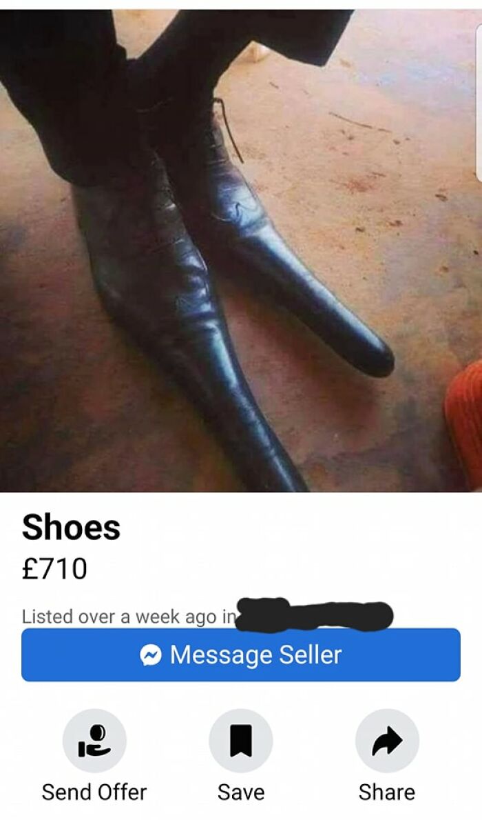 Unhinged Facebook Marketplace shoes with exaggerated long pointed toes listed for sale requiring double takes to understand.