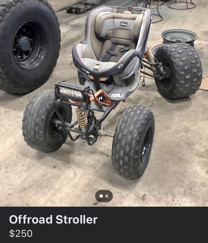 Offroad stroller with large tires and suspension, blending baby seat and ATV elements on Facebook Marketplace.