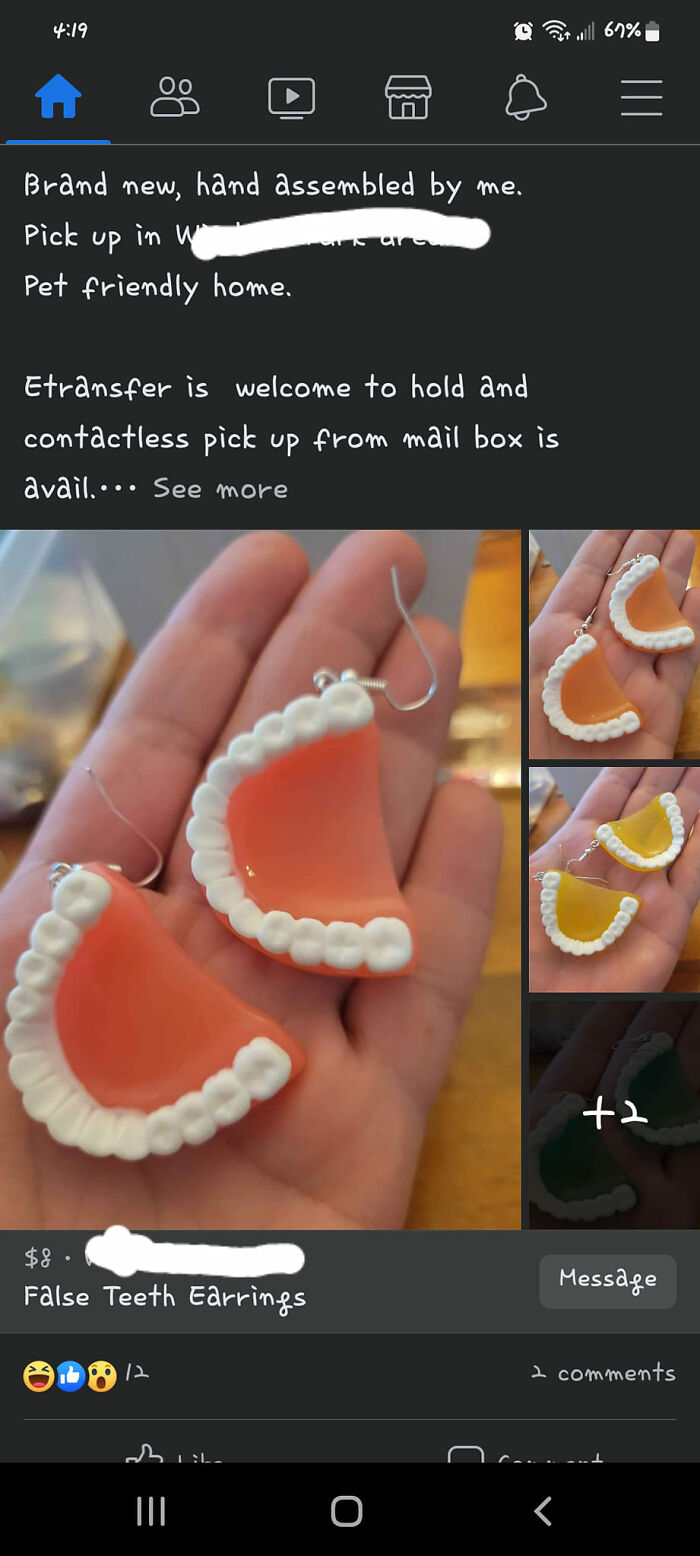 False teeth earrings shown in palm with multiple color options in a quirky Facebook Marketplace listing.