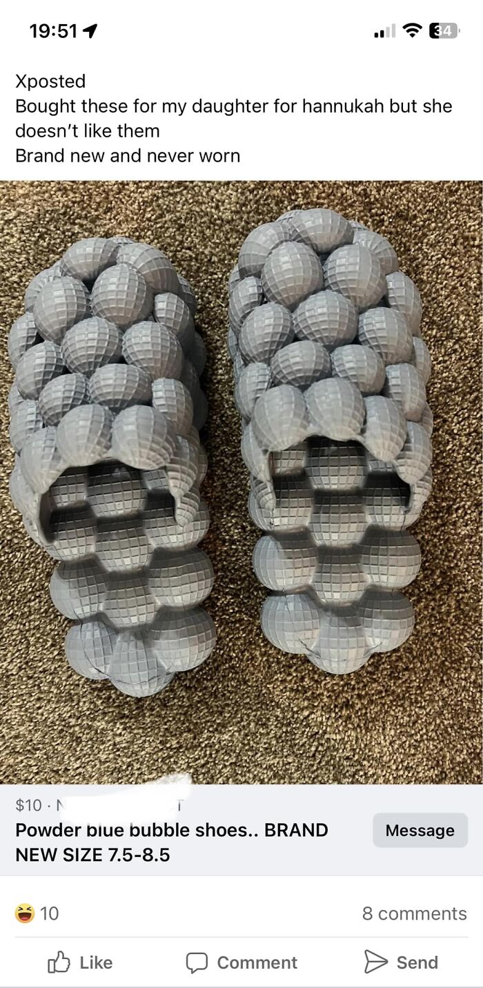 Gray bubble shoes listed on Facebook Marketplace with a note that they were bought for a daughter but never worn.