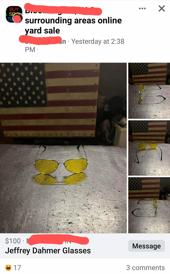 Yellow tinted glasses on a metal table with a vintage American flag in the background, a double take Facebook Marketplace listing.