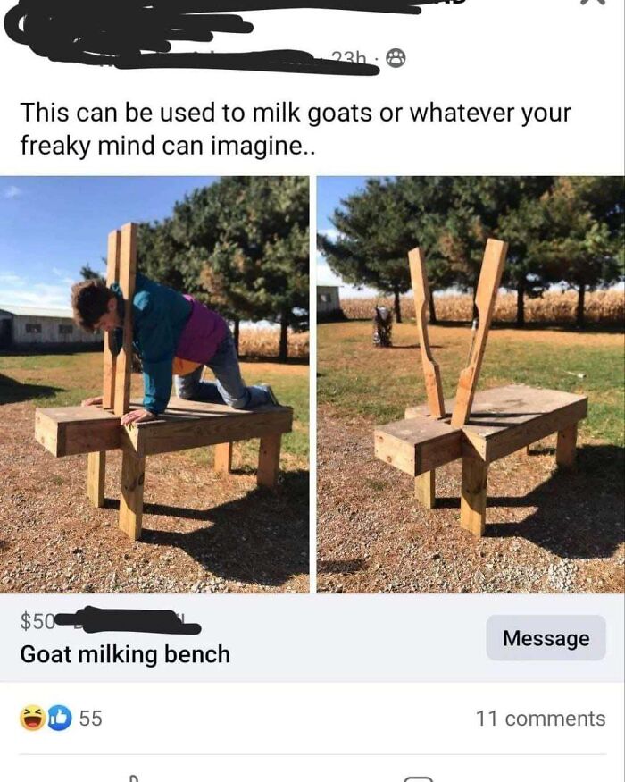 Wooden goat milking bench shown outdoors with person demonstrating unusual setup, part of unhinged Facebook Marketplace pics.