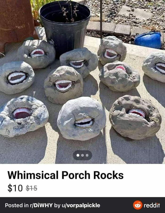 Whimsical porch rocks with realistic mouth zippers create unhinged pics from Facebook Marketplace that require double takes to understand.