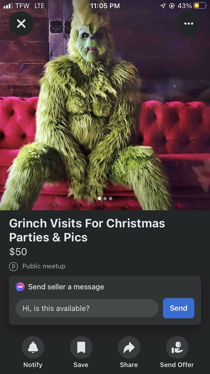 Person in a Grinch costume sitting on a red couch, listed on Facebook Marketplace with unhinged pics requiring a double take.