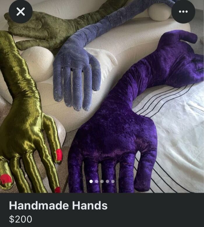 Unhinged Facebook Marketplace listing showing bizarre handmade plush hands in green, blue, and purple with red painted nails.