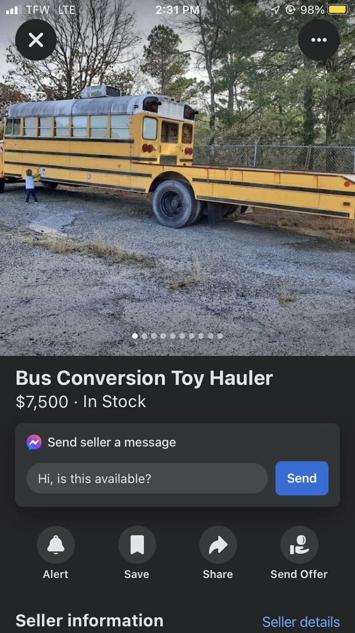 Unusual Facebook Marketplace listing showing a yellow school bus converted into an extended flatbed hauler.