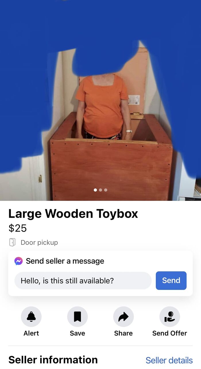 Person standing inside a large wooden toybox in a Facebook Marketplace listing of unhinged pics.