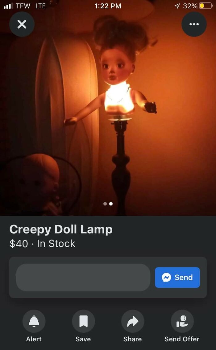 Creepy doll lamp glowing in a dim room listed on Facebook Marketplace among unhinged pics requiring double takes.