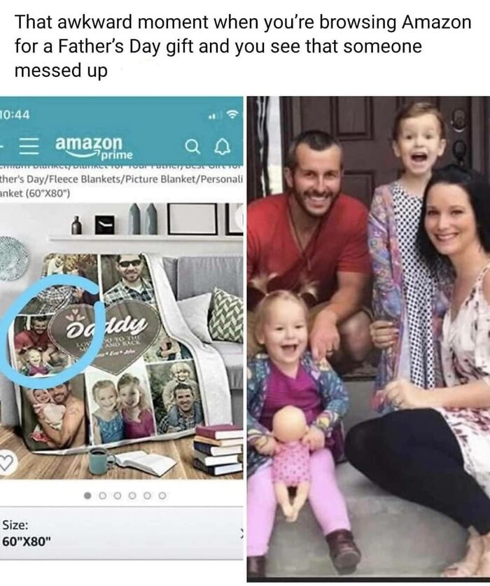 Unhinged Facebook Marketplace listing shows personalized Father’s Day blanket with awkward family photo collage error.