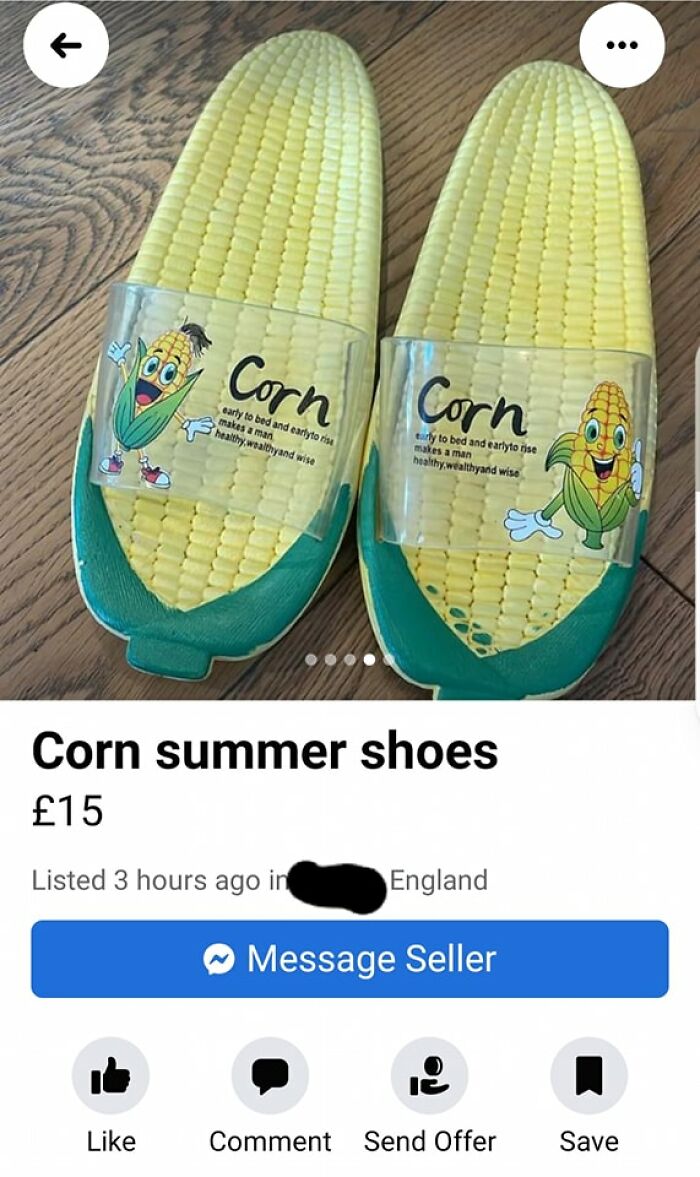 Pair of unhinged corn-themed summer shoes on Facebook Marketplace for sale with cartoon corn graphics on wooden floor background
