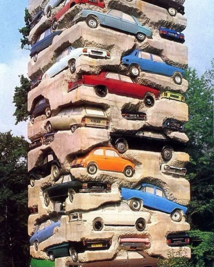“Long Term Parking”, A 60-Foot Car Sculpture, By Arman, Permanently Installed At The Château De Montcel In Jouy-En-Josas, France