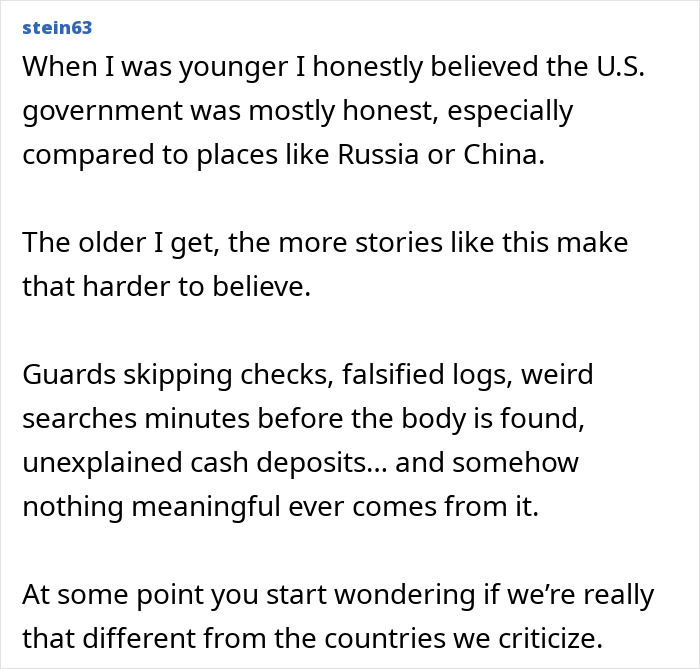 Text post discussing government distrust, mentioning guards, falsified logs, and unexplained cash deposits related to Epstein guard claims.
