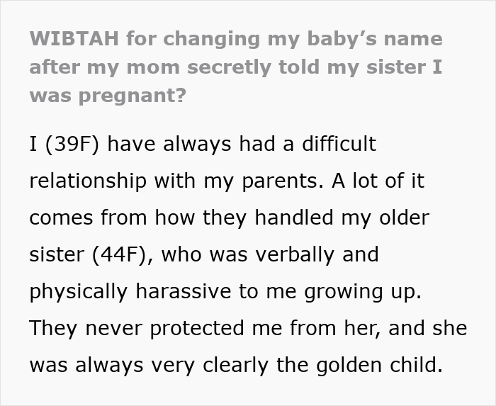 Text excerpt discussing changing baby name secretly pregnancy with a difficult family relationship and sibling issues.