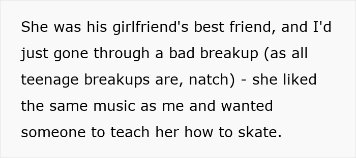 Text snippet about a teenage breakup and skateboarding lesson linked to a guy who imagined his ex now living as a man in the US.