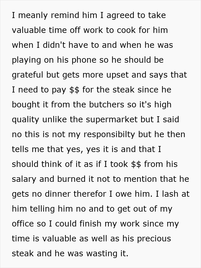Text describing refusing to pay husband for burnt steak cooked, highlighting a dispute over steak cost and effort spent cooking.