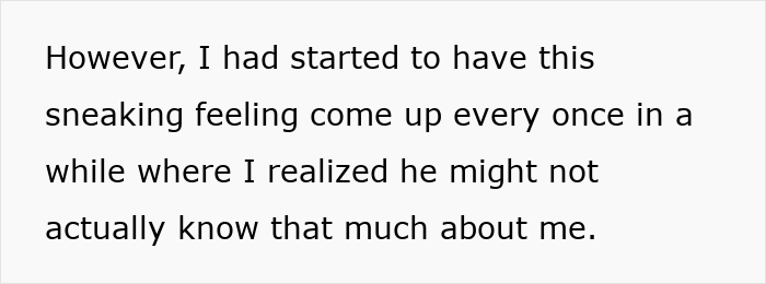 Text excerpt expressing doubts about a boyfriend&rsquo;s knowledge, highlighting romantic indifference and favorite foods notes.