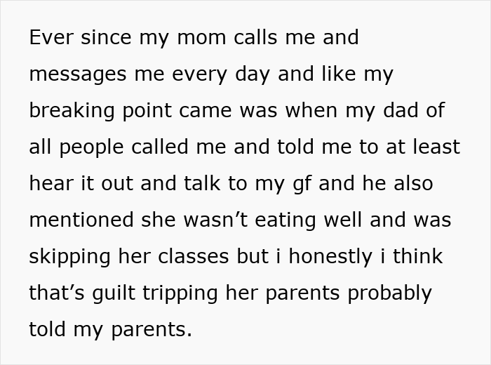Text message about parents reacting and advising after girlfriend wants an open relationship, causing family conflict.