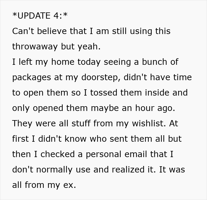 Text update about trashing girlfriend's gift revealing packages from ex found on doorstep and emotions involved.