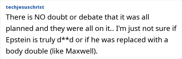 Comment text discussing Epstein guard&rsquo;s incriminating words and doubts about Epstein&rsquo;s passing and body double theory.