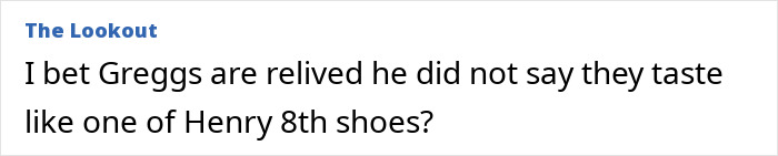 Text excerpt about Greggs related to Henry VIII shoes, highlighting bizarre claim linking King Henry VIII portrait to time travel detail.