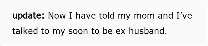 Text update message about telling mom and talking to soon-to-be ex-husband, related to obsession with sister&rsquo;s weight.