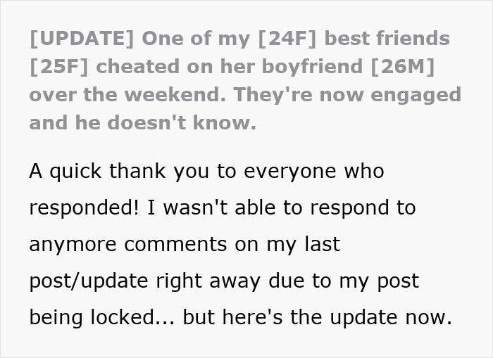 Text post about a cheating friend hiding a one night stand from her boyfriend who is unaware of the secret.