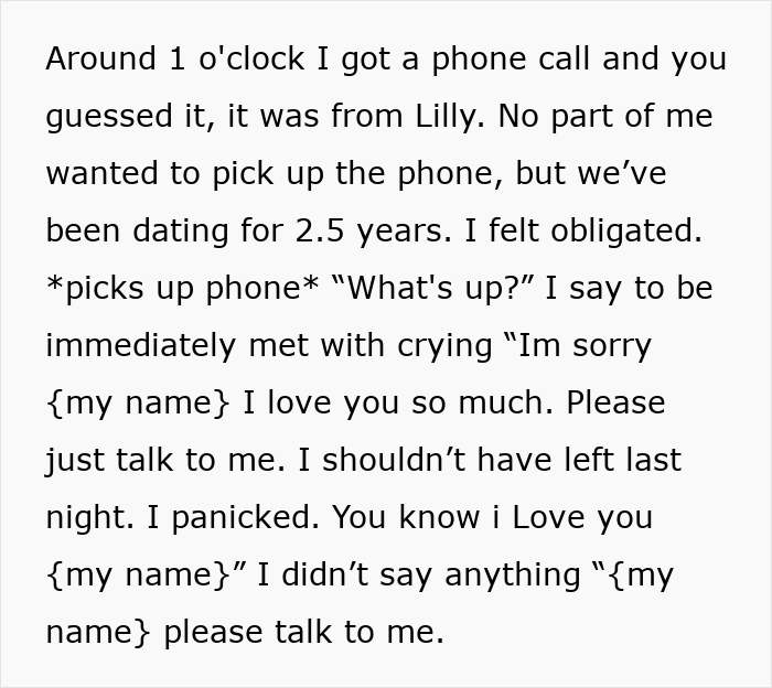 Text message describing a boyfriend letting girlfriend use his apartment to meet her old friend, who turns out to be her ex.
