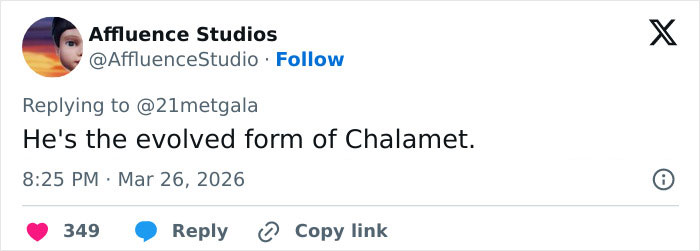 Tweet from Affluence Studios stating he's the evolved form of Chalamet, highlighting Aaron Taylor-Johnson's appearance changes. Tweet from Affluence Studios stating he's the evolved form of Chalamet, highlighting Aaron Taylor-Johnson's appearance changes.