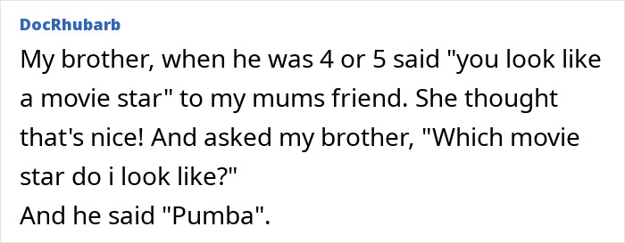 Screenshot of a funny kid roast where a child compares an adult to the movie character Pumba in a no filter moment.