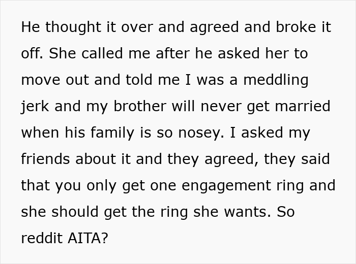 Text of a Reddit post about a sister's interaction with her brother's fianc&eacute;e regarding an engagement ring, leading to a proposal being called off.