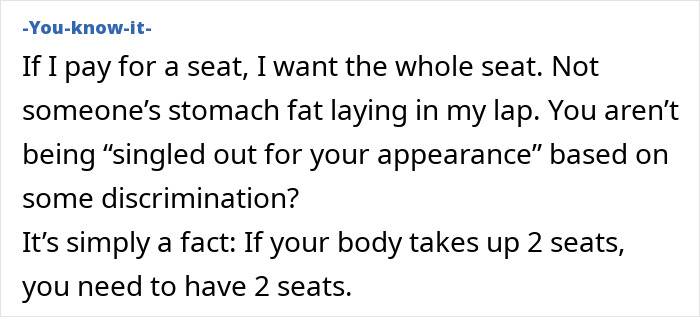 Texto ALT: Comentário discutindo a nova política de tamanho do cliente da companhia aérea e a necessidade de pagar por vários assentos se o corpo ocupar espaço.